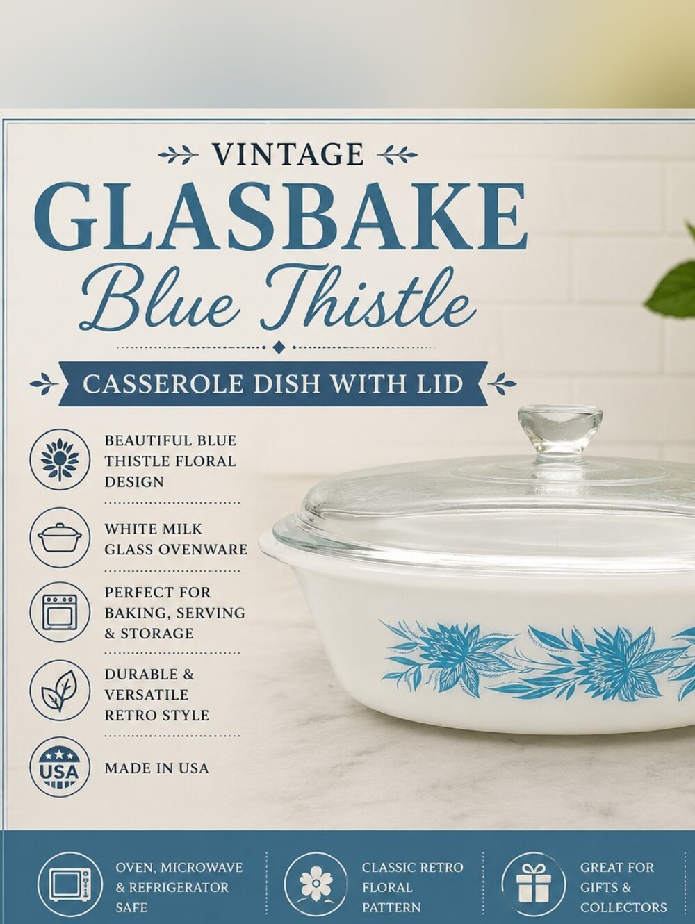 Vintage GLASBAKE Blue Thistle Milk Glass Oval Casserole Dish w/ Lid USA